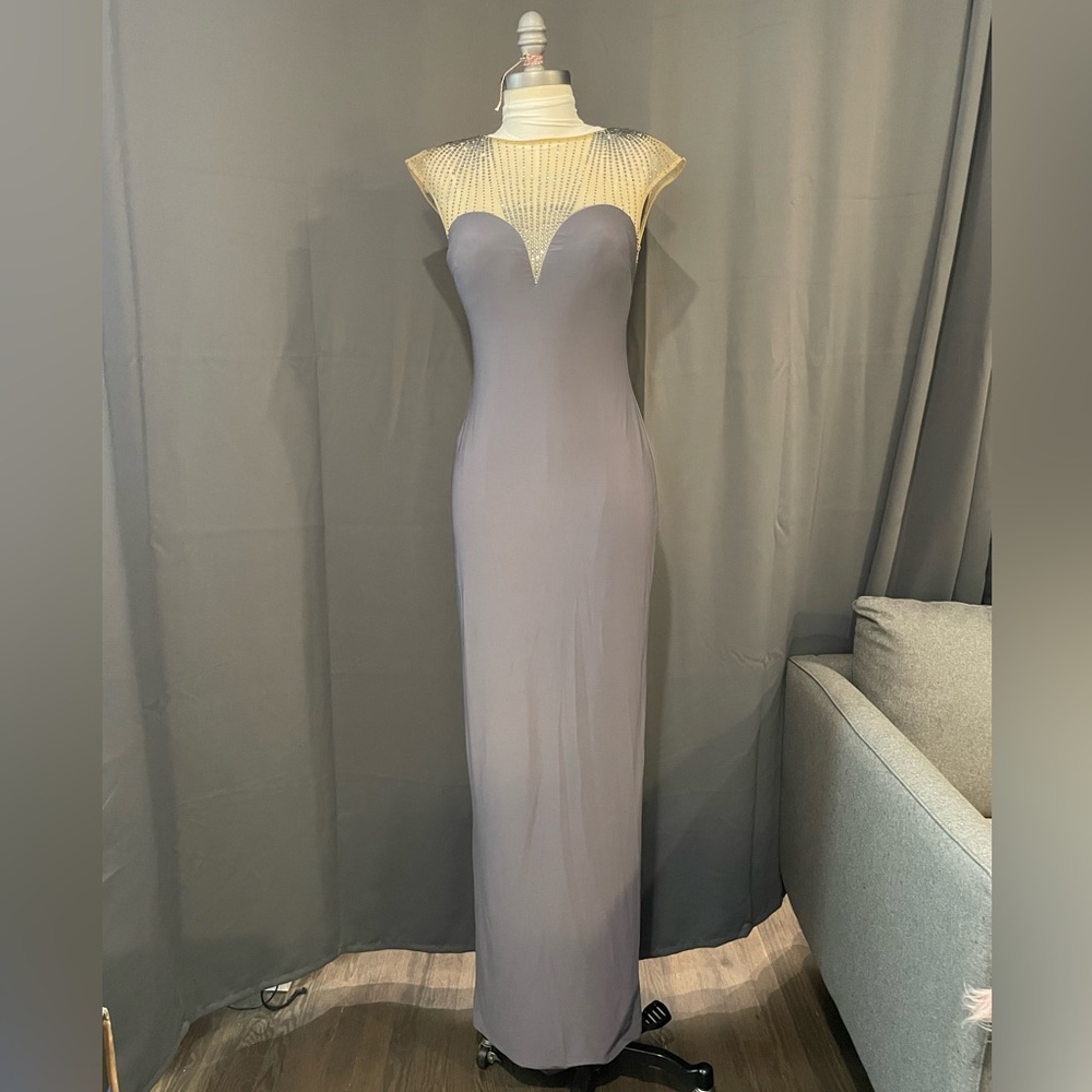 La Femme Jersey evening gown w/ rhinestones and illusion neckline